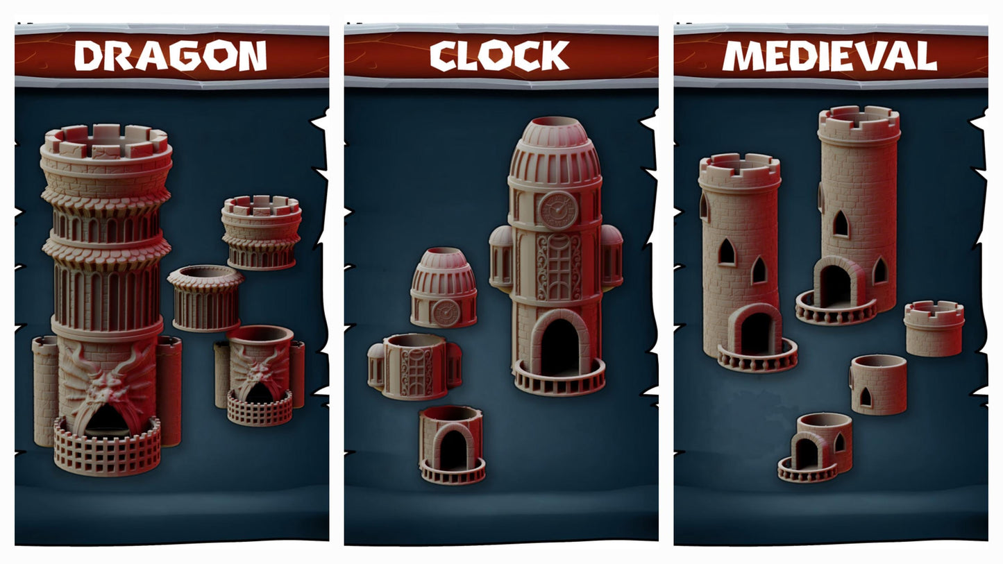 Modular Custom 3D Printed Dice Tower – 17 Themed Sets, Stackable & Interchangeable (Unpainted)