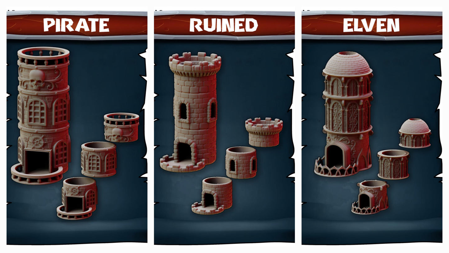 Modular Custom 3D Printed Dice Tower – 17 Themed Sets, Stackable & Interchangeable (Unpainted)