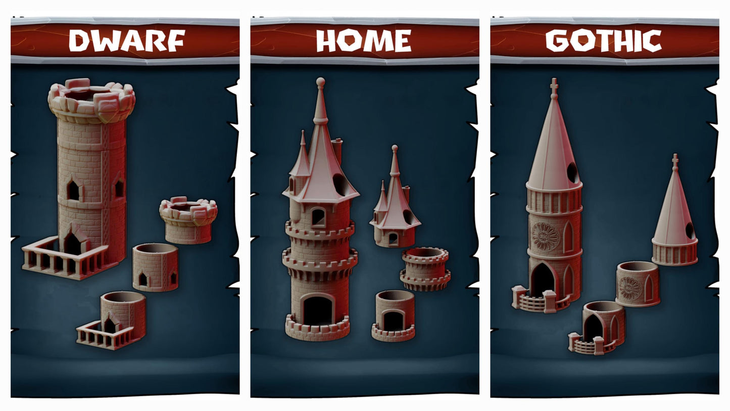 Modular Custom 3D Printed Dice Tower – 17 Themed Sets, Stackable & Interchangeable (Unpainted)